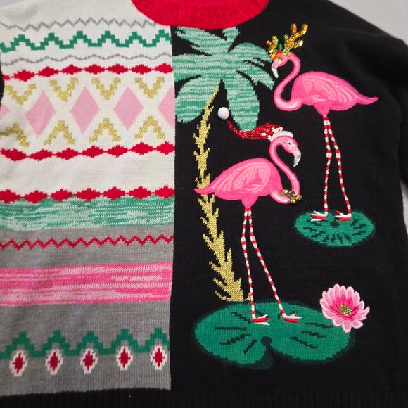 30 degrees Large Christmas Sweater Flamingos Holiday Santa Hat Sequins Party - Picture 4 of 13